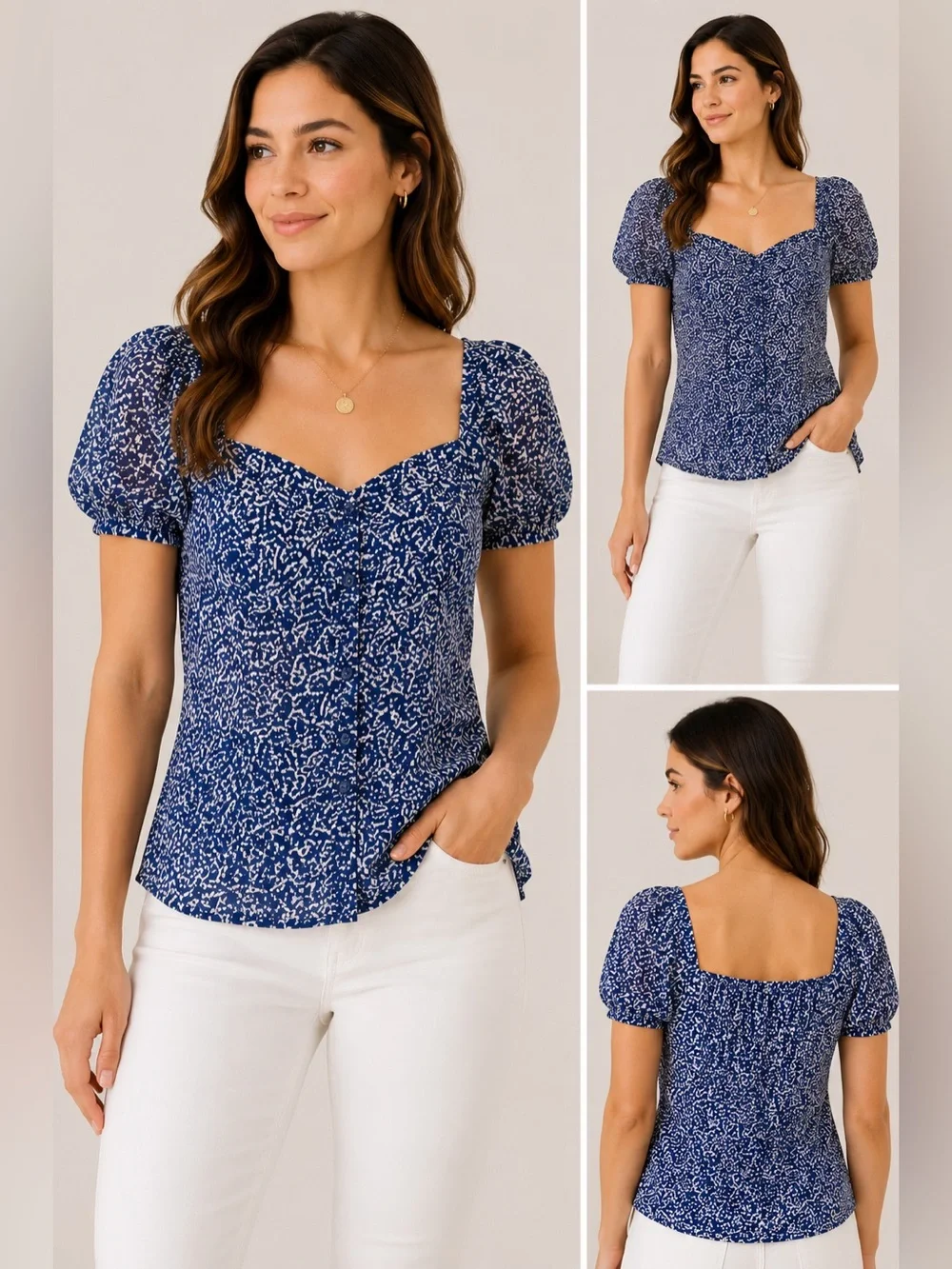 NWT Madewell Bengali Print Sweetheart Puff Sleeve Button Front Blouse Blue 6